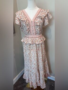 By The River Romantic Pink Floral Ruffle Maxi Dress ✨ Cottagecore Boho Chic M